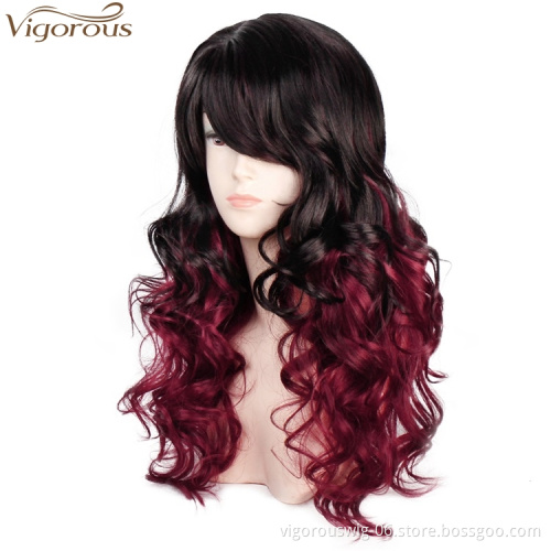 Vigorous Long Ombre Red Big Wave Synthetic Wigs for Women Side Parting with Bangs Heat Resistant Wavy Cosplay Wigs
